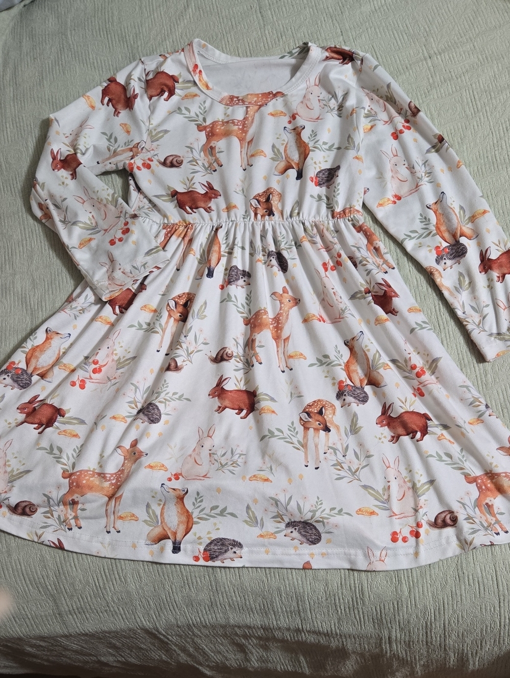 Girls White Forest Animals Long Sleeve Dress Size 7 Year Old